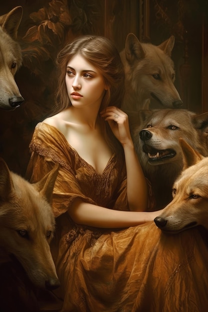 Une femme en robe dorée avec une bande de loups dessus