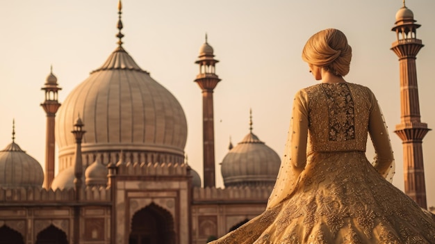 Une femme en robe dorée se tient devant une mosquée