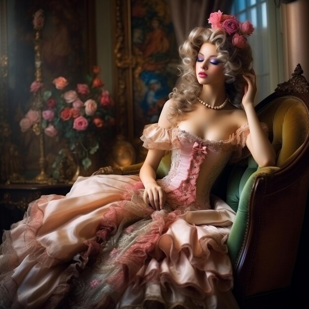 une femme en robe est assise dans une chaise avec une fleur rose au milieu.