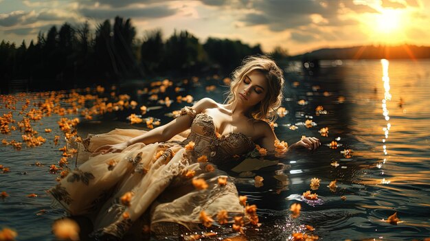 Photo une femme en robe avec des fleurs sur la tête est allongée dans l'eau