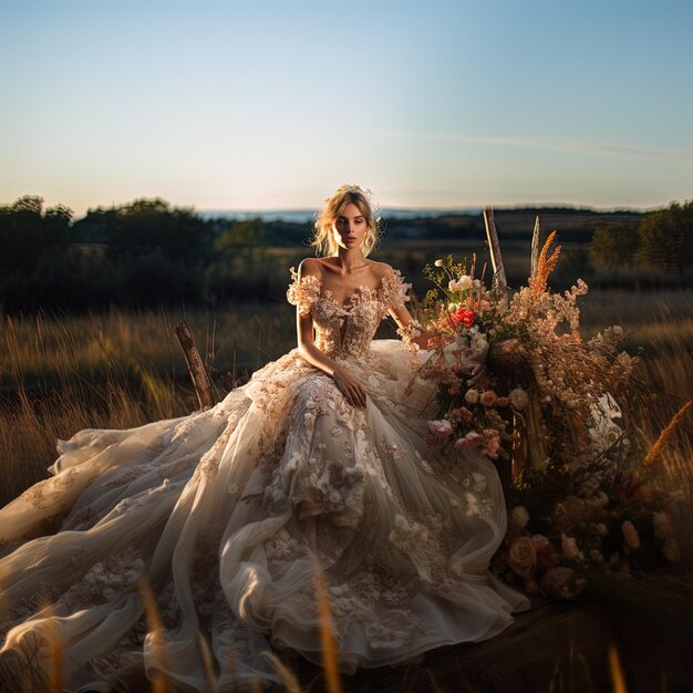 Photo une femme en robe avec des fleurs sur la tête est assise dans un champ