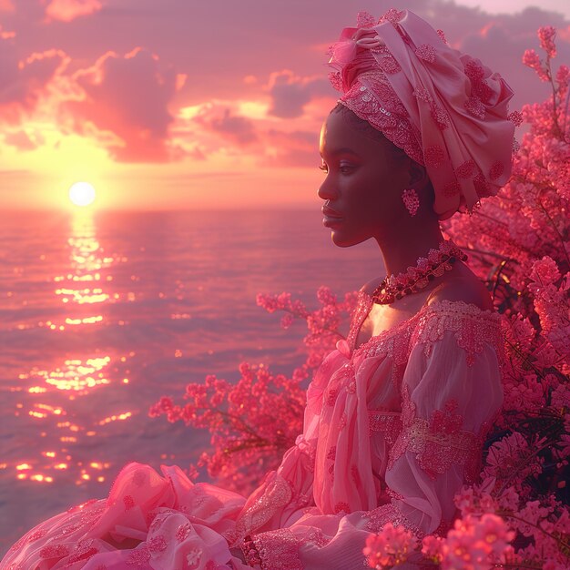 une femme en robe avec des fleurs sur la tête est assise devant un coucher de soleil