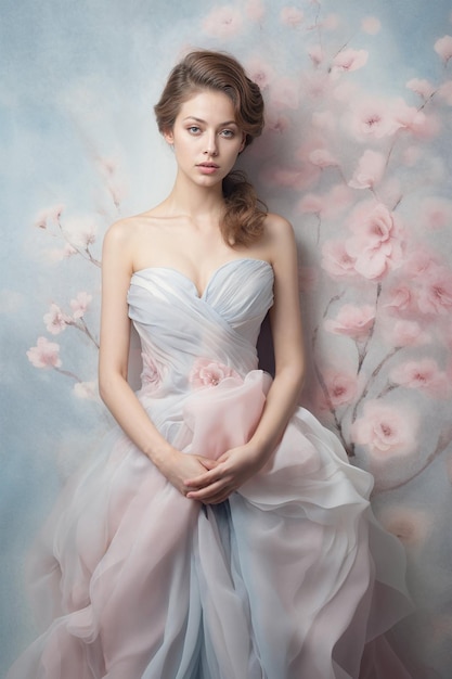 Une femme en robe florale enchanteuse sous des cerisiers en fleurs