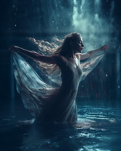 Femme en robe fluide dans l'eau avec pluie et lumière ai générative