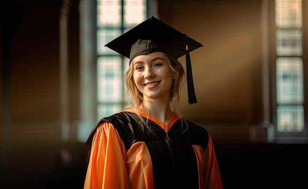 Une femme en robe de graduation sourit à la caméra.