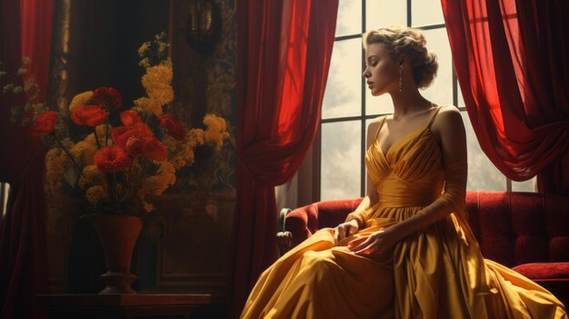 Photo une femme en robe jaune assise sur un canapé rouge