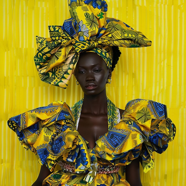 une femme avec une robe jaune et bleue et un fond jaune