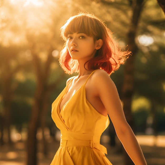 une femme en robe jaune avec des cheveux roux et une robe jaune