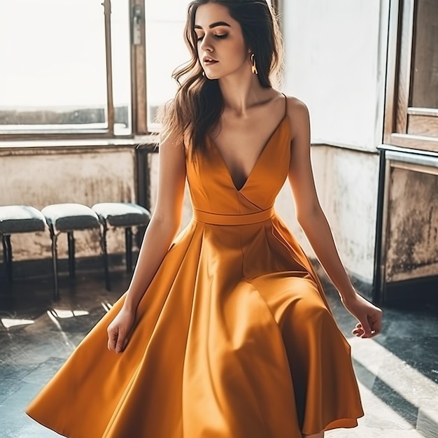 Femme en robe jaune dans une chambre