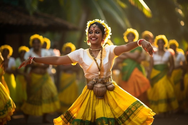 une femme en robe jaune danse avec d'autres danseurs en arrière-plan.