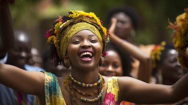 Une femme en robe jaune danse devant une foule.