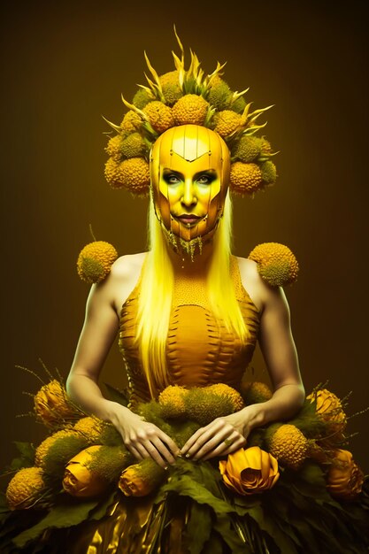 Une femme en robe jaune avec un masque de fruits sur son visage