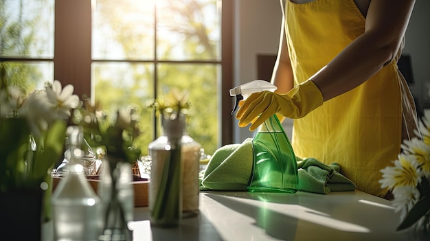 Femme en robe jaune nettoie le comptoir lumineux et ordonné intérieur de la cuisine Jour de la Terre