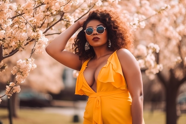 Une femme en robe jaune se tient devant un arbre en fleurs