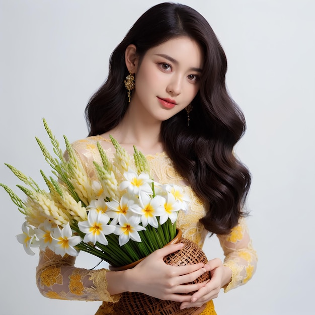 une femme en robe jaune tenant un bouquet de fleurs