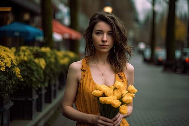 Une femme en robe jaune tenant un bouquet