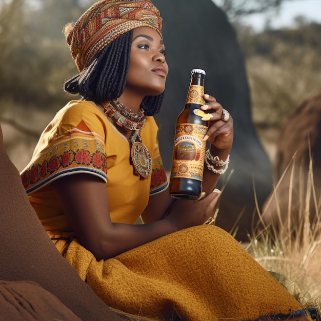 Photo une femme en robe jaune tient une bouteille de bière.