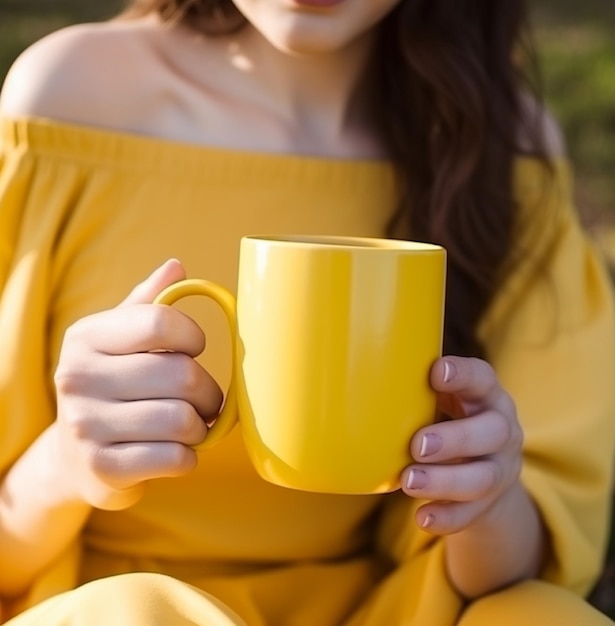 Une femme en robe jaune tient une tasse jaune.