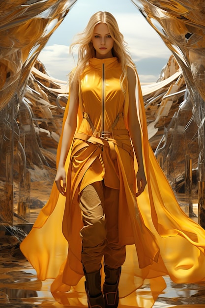 Une femme en robe jaune