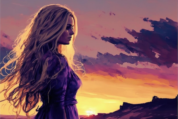 Femme en robe lavande et tresses fluides se tient devant un décor de coucher de soleil Fantasy concept Illustration peinture Generative AI