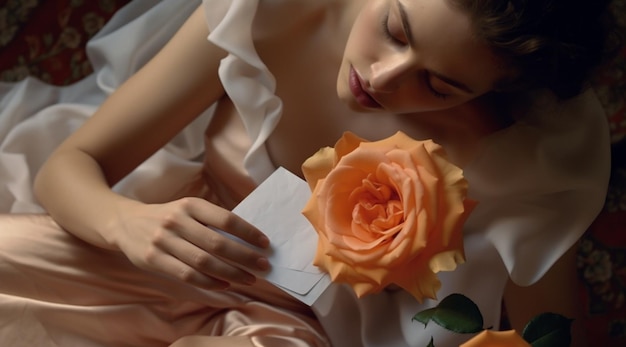 Une femme en robe lit une lettre d'une rose.