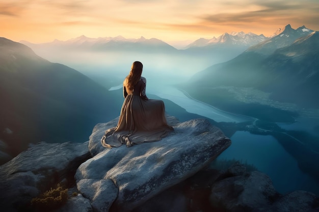 Une femme en robe longue est assise sur un rocher surplombant une vallée de montagne.