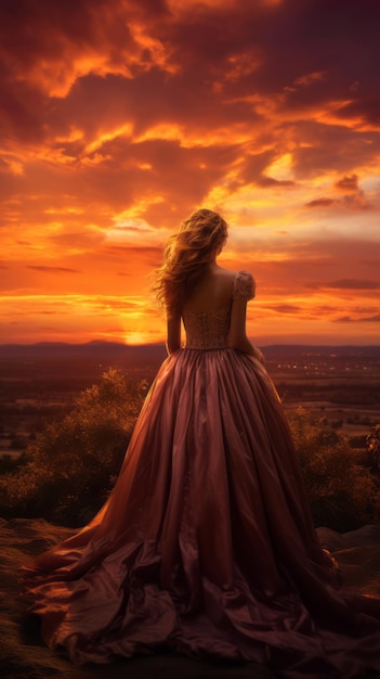 une femme en robe longue regardant le coucher du soleil