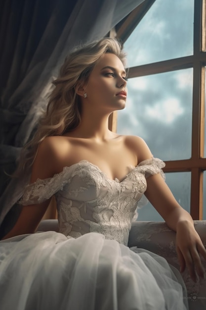 Une femme en robe de mariée blanche est assise devant une fenêtre