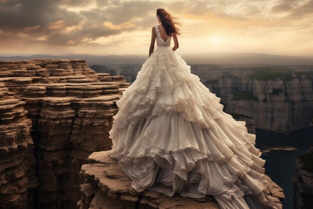 une femme en robe de mariée sur une falaise