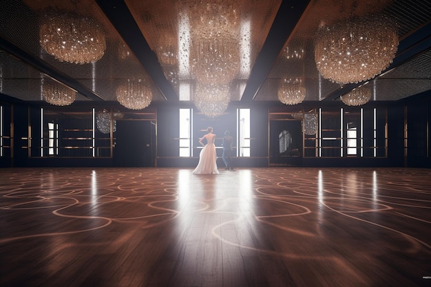 Photo une femme en robe de mariée se tient dans une salle de bal avec des lustres suspendus au plafond.