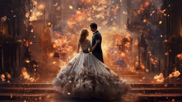 Une femme en robe de mariée se tient devant un immeuble en flammes.