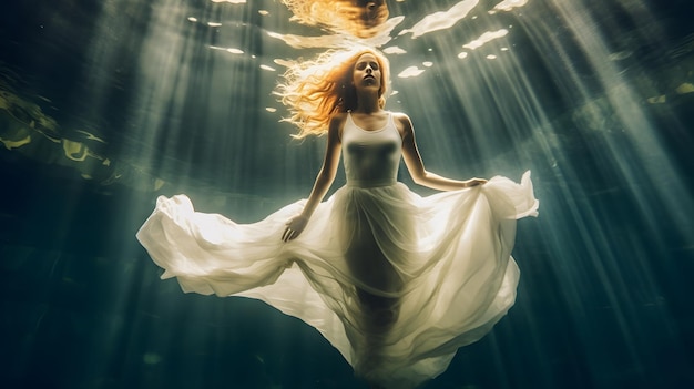 Photo femme avec robe de mariée sous l'eau