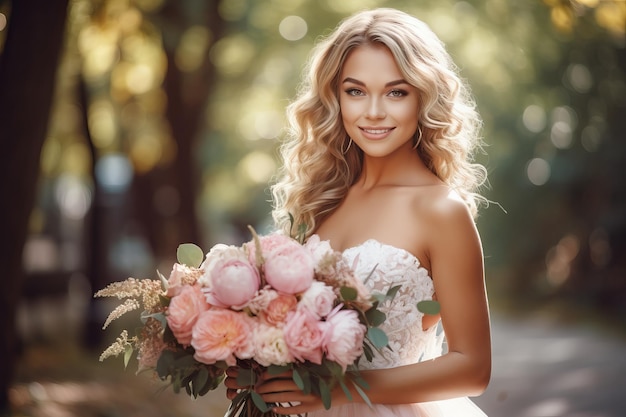 Une femme en robe de mariée tient un bouquet de fleurs.