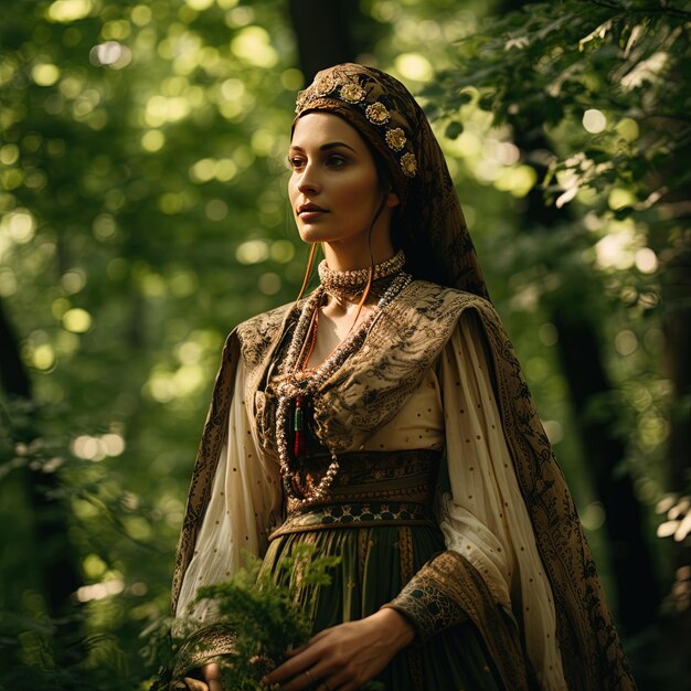 une femme en robe médiévale se tient dans une forêt avec un fond vert