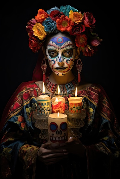 une femme en robe mexicaine traditionnelle avec des fleurs tenant une bougie à la main