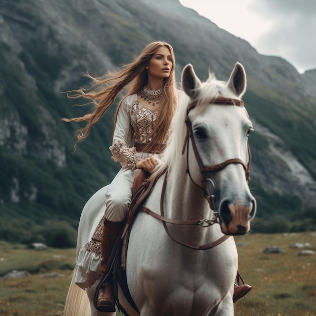 Une femme en robe monte à cheval dans un champ