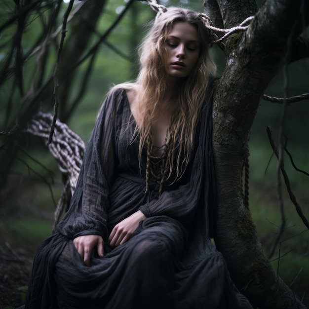 une femme en robe noire assise sur une branche d'arbre