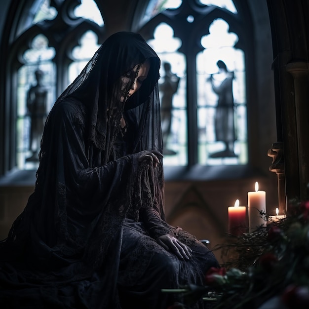 une femme en robe noire assise devant une église avec des bougies