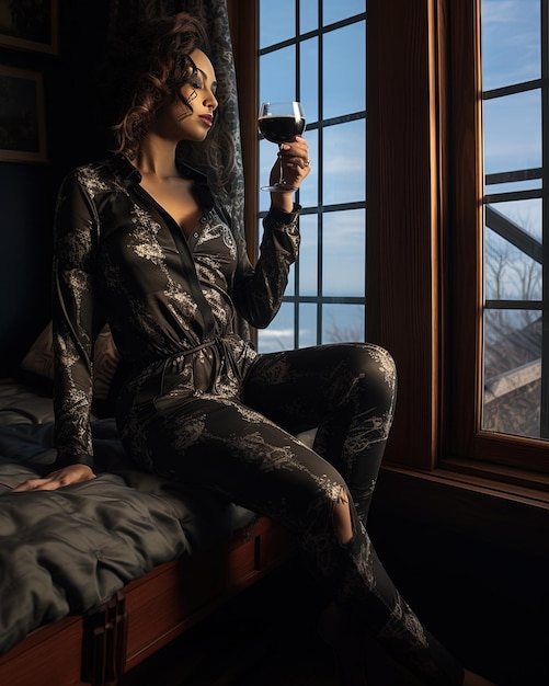 une femme en robe noire boit un verre de vin.