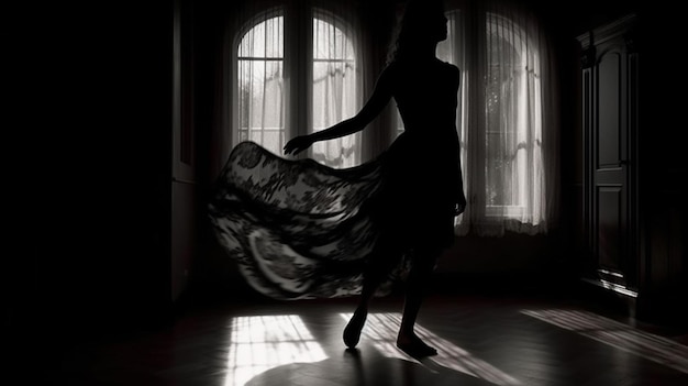 Une femme en robe noire danse dans une pièce sombre avec une fenêtre derrière elle.