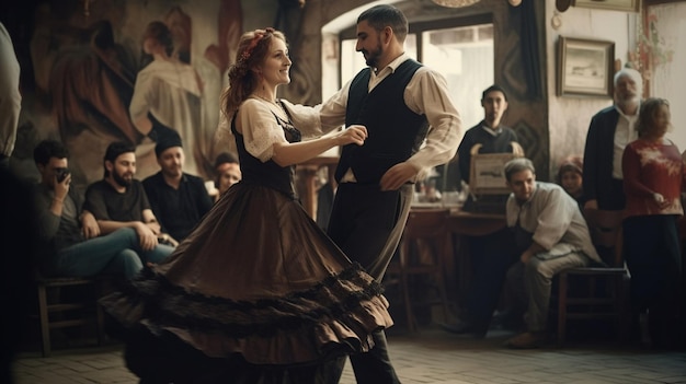 Une femme en robe noire danse avec un homme en chemise noire.