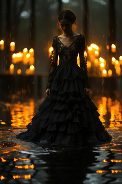 une femme en robe noire debout dans l'eau