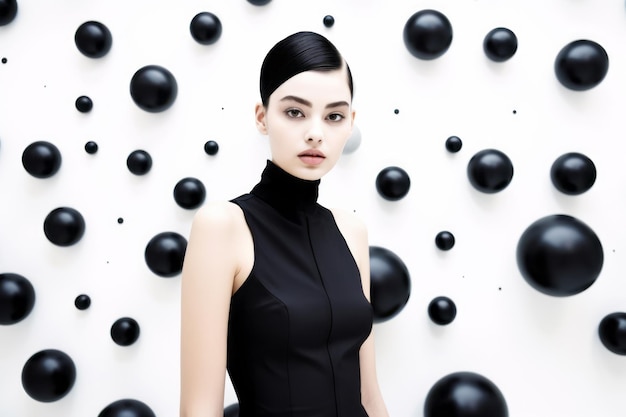 Femme en robe noire debout devant un mur de boules noires Generative AI