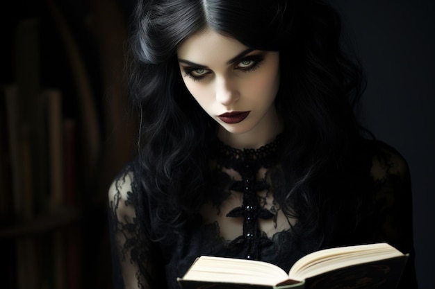 Une femme en robe noire lisant un livre