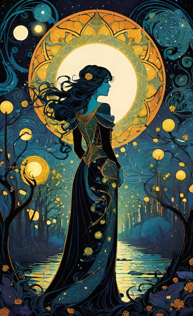 une femme en robe noire se tient devant une lune avec les mots citation la lune citation sur elle