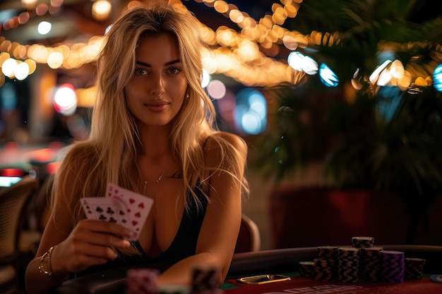 Une femme en robe noire tient deux jeux de cartes et est assise à une table.