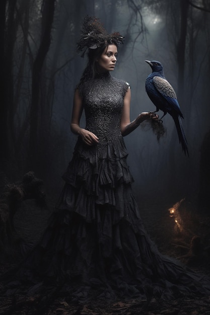 Une femme en robe noire tient un oiseau sur sa main.