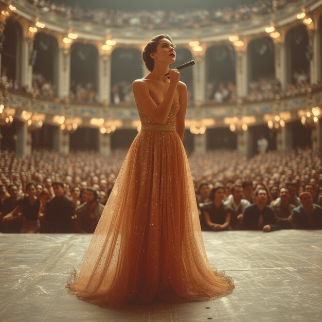 Une femme en robe d'or chante sur une scène avec un microphone à la main.