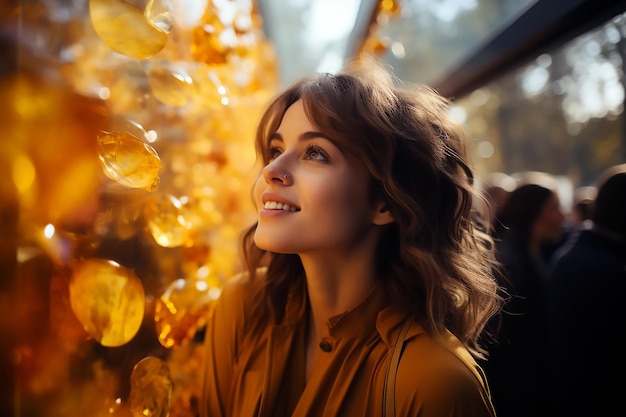 Une femme en robe orange sourit devant un arbre de Noël.