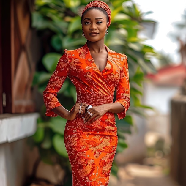 Une femme en robe orange vibrante